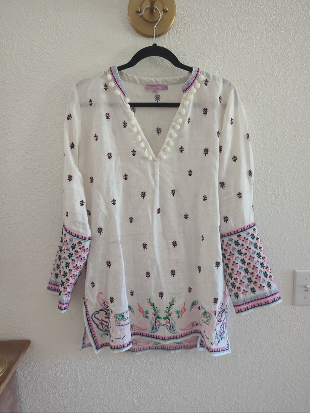 Calypso St. Barth White Linen Heavily Embroidered Bohemian Tunic Size Small